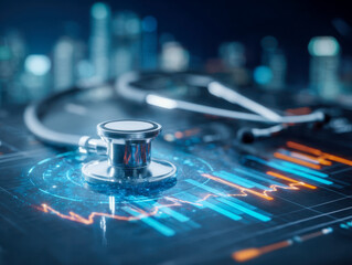Modern stethoscope placed on futuristic digital medical interface displaying colorful data charts and heartbeat graphs symbolizing healthcare technology innovation