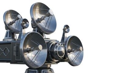 Modern communication technology array featuring multiple satellite dishes on sleek metallic base.