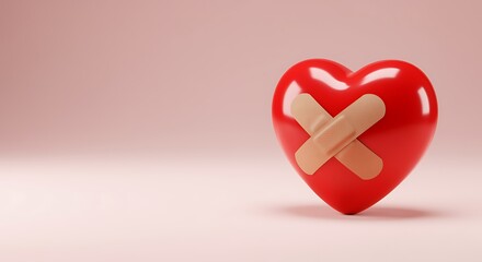 A bright red heart shape with a bandage applied to its surface
