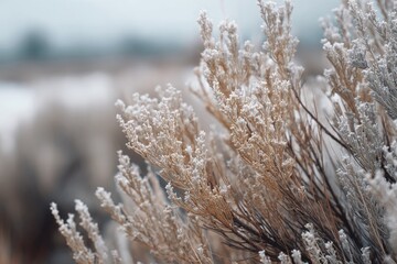 Obraz premium Frosted brushy plant on blurred pale background, nature's beauty captured in a close-up, winter scene