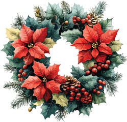 A beautiful Christmas wreath featuring red poinsettia flowers and green leaves provides a festive holiday decoration with winter blossoms and nature-inspired ornaments for an isolated seasonal celebra