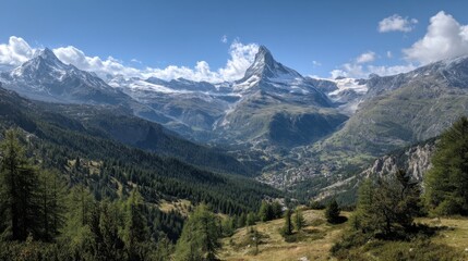 Obraz premium Snow capped peaks surround a green valley on a sunny day. The Matterhorn stands prominently against the blue sky. Trees dot the landscape showcasing natural beauty near Zermatt.