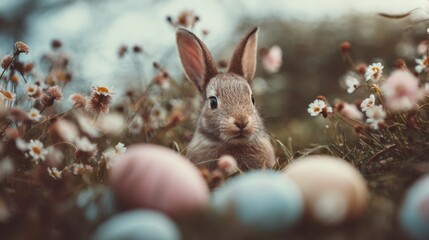 A rabbit is in a grassy area surrounded by flowers and colorful eggs. The setting shows springtime vibes with blooming plants and bright decorations.