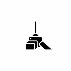 Fototapeta premium Black remote control icon with antenna, indicating wireless signal transmission. Simple remote control icon illustrates device operation and data exchange.