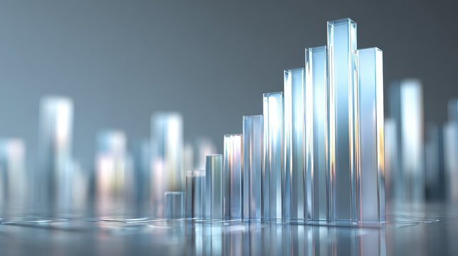 Economic rise graph, smooth glass bars with subtle reflections, 3D illustration.