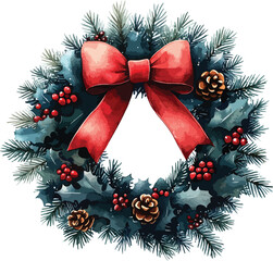 Festive Christmas wreath featuring a lush green pine fir branch decorated with a vibrant red ribbon bow, holly ornaments, and winter holiday baubles for a classic Xmas celebration