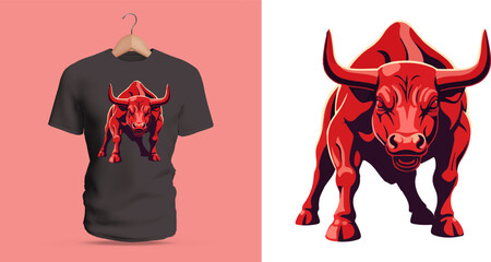 Dynamic t-shirt vector illustration of a charging red bull in a strong forward-leaning stance, featuring powerful muscular build, sharp angular contours, lowered horns ready for impact, deep red
