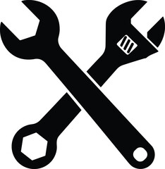 Crossed Wrench and Adjustable Spanner Tools Icon, Black Silhouette Symbolizing Repair, Service, Settings, or Construction, Flat Vector Illustration