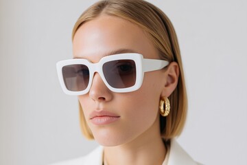 Naklejka premium 2026 Color Trend – Modern Portrait with White Oversized Sunglasses and Minimalist Elegance