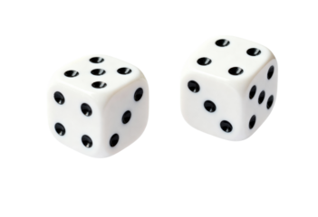 Two white dice with black dots isolated on a transparent background. Symbol of chance, gaming and randomness.