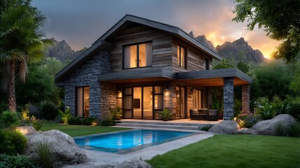 Realistic 3D night view of modern home for sale with sleek wood cladding, poolside view, landscaped lawn, under a sky full of stars.
