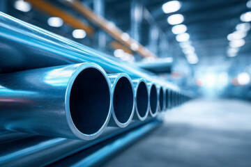 Industrial metal pipes neatly arranged in a row inside a large manufacturing warehouse with bright overhead lighting and blurred background depth of field