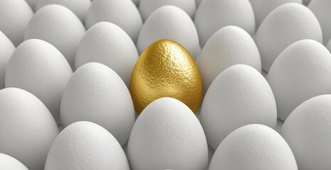 Gold egg prominently stands out amid many white eggs. Texture and light highlight a unique perspective