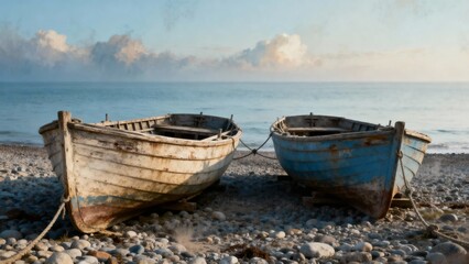 Fototapeta premium A photograph of two wooden boats moored on a pebble beach against a backdrop of calm seas and light clouds. The soft dusty blue tones and morning light create an atmosphere of perfect tranquility.