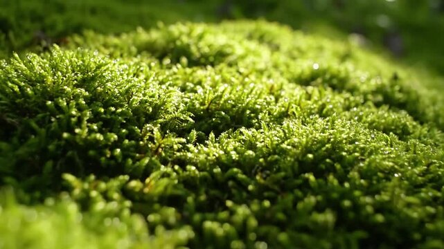 Dynamic close up showcasing the resilience and diversity of moss, capturing its rich emerald hues and unique patterns, perhaps with subtle water droplets clinging to its surface.