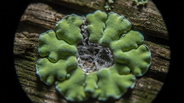 Abstract close ups of lichen creating organic patterns and natural mosaics, emphasizing the interplay of light and shadow across their unique biological designs and forms.