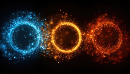 Three glowing rings of blue, gold, and orange particles shimmer against a dark background in a dazzling, abstract design
