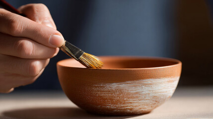 Close-up of hand applying glaze with brush on ceramic bowl in pottery workshop with soft natural light