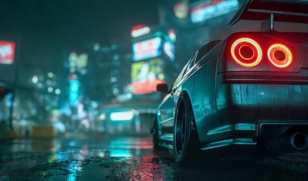 Fototapeta Sleek sports car with glowing taillights parked on a rainy city street at night with vibrant neon signs and wet reflections on the pavement