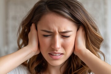 Naklejka premium Stressed Woman Covering Ears in Distress