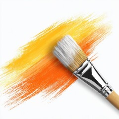 Paintbrush strokes vibrant yellow-orange color diagonally across a white background, brush sits upper right