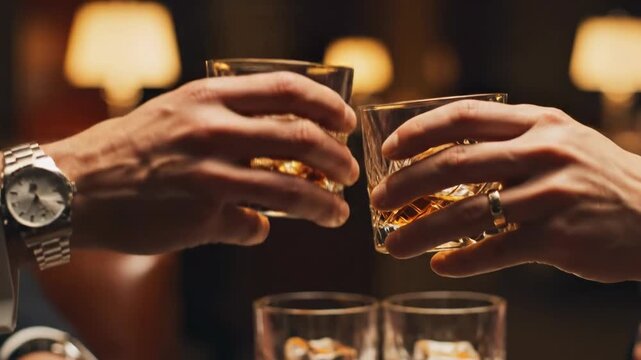 Two Hands Clinking Glasses of Whiskey in a Cozy Bar Setting at Nighttime