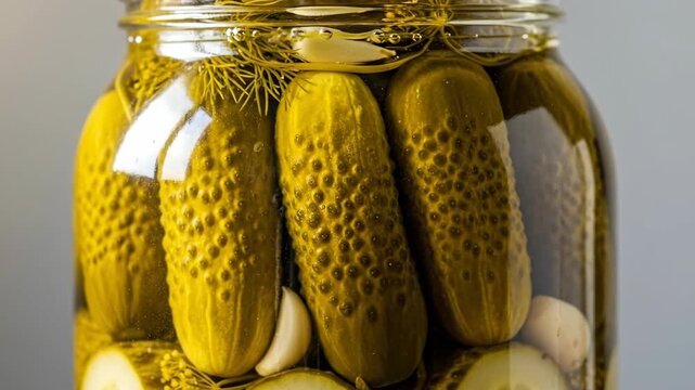 Closeup of rotating jar of pickles and garlic on display