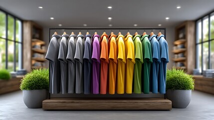 Retail fashion store aisle with modular display units, colorful apparel categories separated clearly, vector art with realistic perspective.