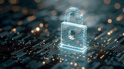  cybersecurity concept featuring a glowing cyber padlock surrounded by binary code and digital circuit elements. Big data visualization on a dark technology background
 - Powered by Adobe