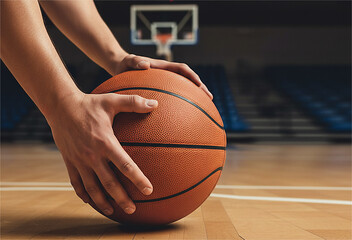 Close up of Hands holding basketball on court. Tournament or match announcement banner and poster on media and web.
