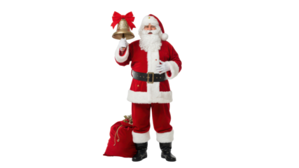 Santa Claus Holding Bell and Red Sack on White Background
