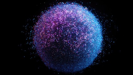 A shimmering sphere of purple and blue particles floats in a black void, creating a mesmerizing, ethereal effect