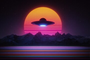 Obraz premium Retro synthwave UFO over mountains with neon horizon, starry night