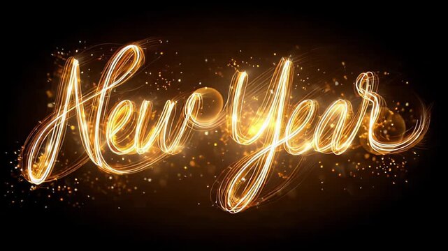 Glowing golden text reading 'New Year' in a cursive font with sparks on a black background.