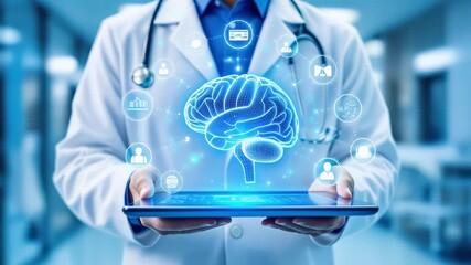 Professional medical doctor holding tablet displaying digital artificial intelligence brain technology for healthcare diagnostic analysis research concept - Powered by Adobe