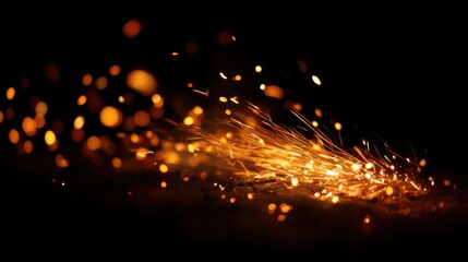 Bright sparks travel through the air as metal is shaped and formed in a workshop. The scene captures the energetic and lively moment of metalworking at night.