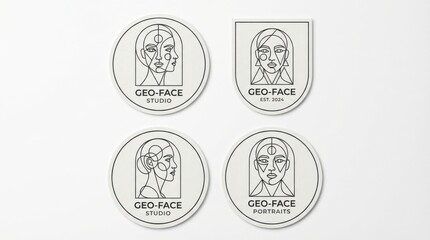 Fototapeta premium geometric continuous line faces portraits label and badge set suitable for print-on-demand products and merch isolated on white background