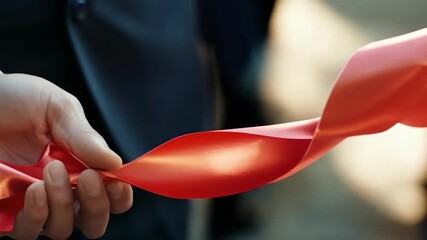 Close-up of hand holding a red ribbon, signifying celebrations or achievements. Useful for event coverage or symbolic themes.