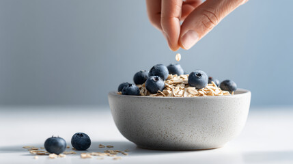 Close-up of hand sprinkling oats onto bowl filled with fresh blueberries and oatmeal on white surface with soft blue background