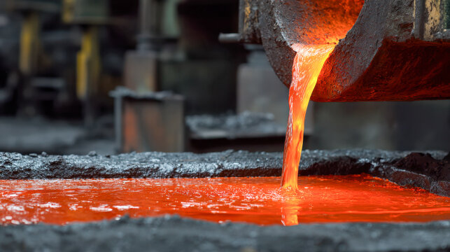 Industrial scene showing glowing molten metal being carefully poured from a crucible into a cooling mold in a metal foundry environment - Powered by Adobe