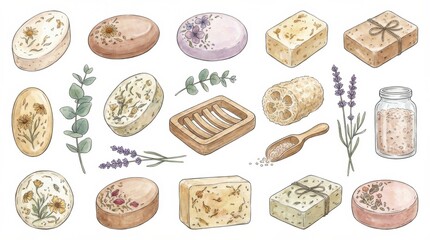 organic handmade soap and spa accessories shape elements set perfect for digital prints templates and illustration projects isolated on white background