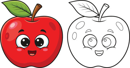 Cute Happy Red Apple Cartoon Character Vector Design with Outline Version, Perfect for Kids Coloring Books, Educational Materials, Healthy Food, and Fruit Icon Concepts.