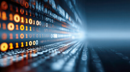 Abstract digital data streams with glowing orange and white binary code representing futuristic technology and information flow across a dark blue background