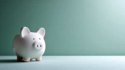White ceramic piggy bank on a smooth surface with soft teal background symbolizing savings and financial planning