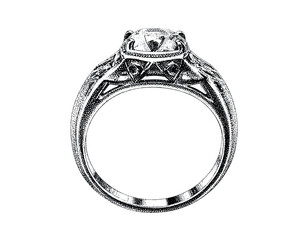 Vintage Pointillism Engagement Ring Illustration With Ornate Band Details, Side Profile View, Isolated
