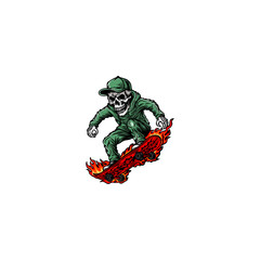 black and white illustration of a skull playing skateboard hand drawn