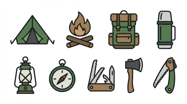 minimal camping gear and outdoor tools icon set ideal for branding packaging and stationery design isolated on white background