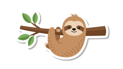 Cute Cartoon Sloth Hanging From Tree Branch With Green Leaves Simple Flat Design With White Outline On Black Background