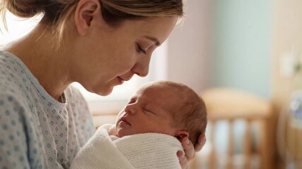 Mother holding and kissing newborn baby on the forehead in hospital maternity room.