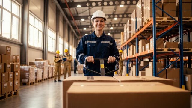 Warehouse logistics and distribution with smiling female worker moving boxes on pallet truck in storage facility.